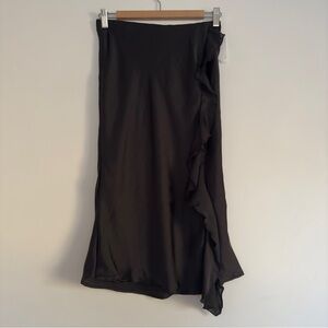 FORGOTTEN GRACE
Satin Ruffle Bias Midi Skirt In black size: XS